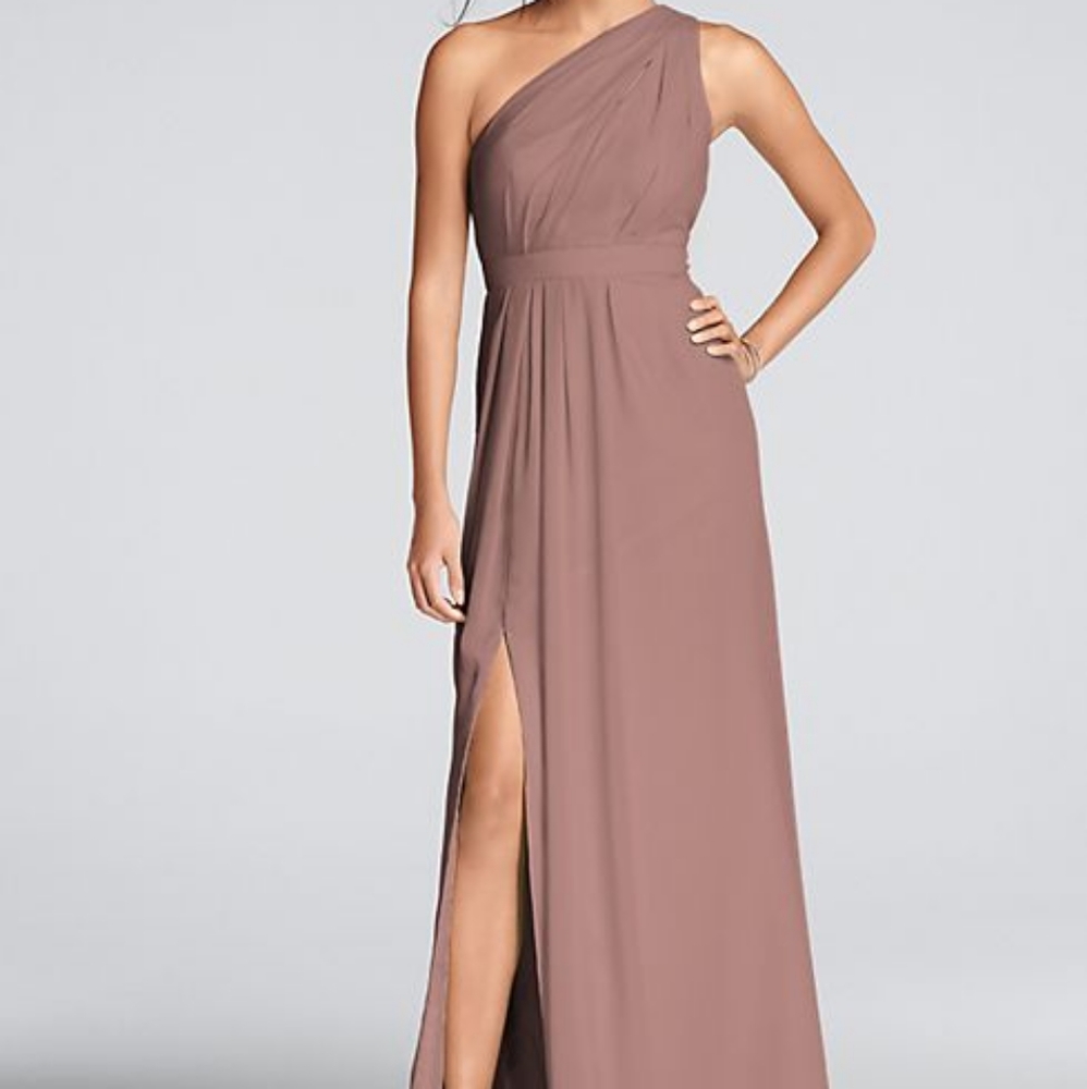 Davids Bridal Long One-Shoulder Crinkle Chiffon Dress F18055